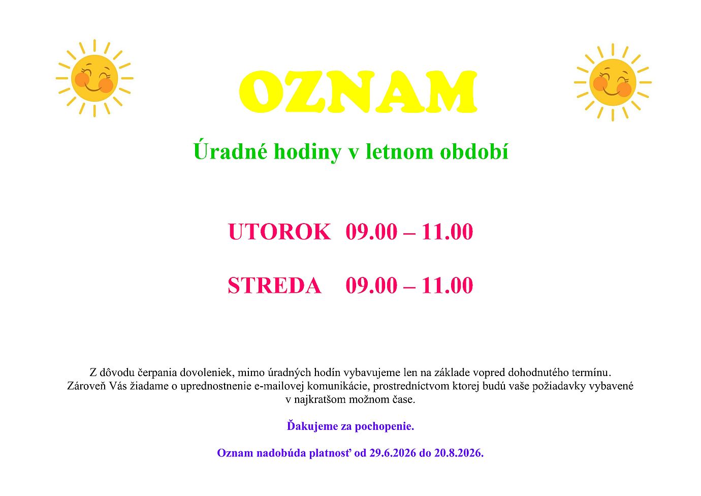 Oznam SO Leto 2026